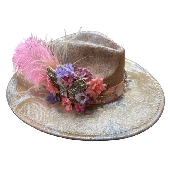 Handmade Accessories - Hand Painted Boho Glam Festive Hat • Feather• Rhinestone • Butterfly • Floral